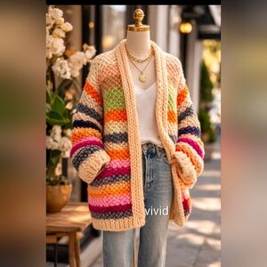Anthropologie + SACCHI Mayflower Stripe Crochet Cardigan Ivory 🌈 OS NWT$250